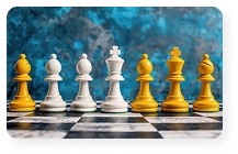 Een rij witte en gele schaakstukken op het bord, contrasterende kleuren en een blauwe achtergrond