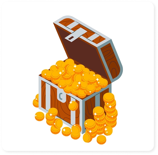 Een houten kist met gouden munten, schatten en rijkdom, een overvloed aan glanzende munten