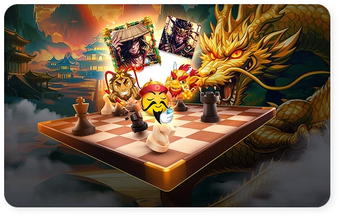 Een schaakbord met oosterse figuren en een draak, een kleurrijke fantasiescène met helden en figuurtjes