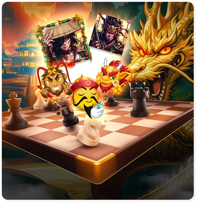 Een schaakbord met oosterse figuren en een draak, een kleurrijke fantasiescène met helden en figuurtjes