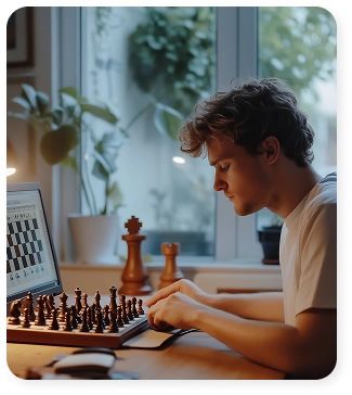 Een jonge man speelt thuis schaak op de computer, in een gezellige avondstemming