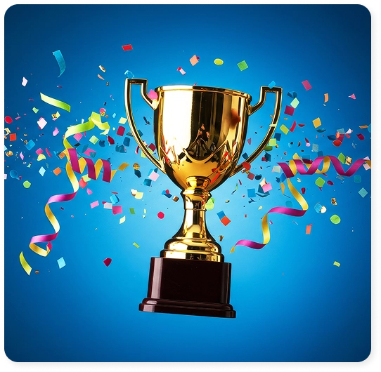 Een gouden trofee met confetti op een blauwe achtergrond, het symbool van overwinning en prestatie in het spel
