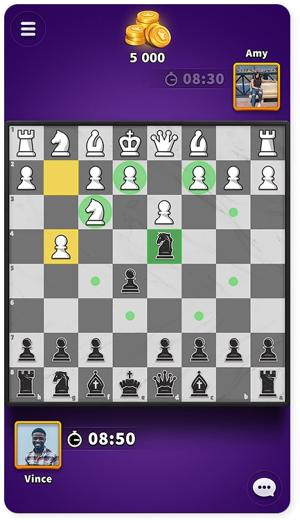 Screenshot uit een spel met een schaakpartij op een virtueel bord