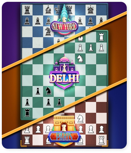 Een screenshot uit het spel met verschillende schaakborden in de stijl van steden