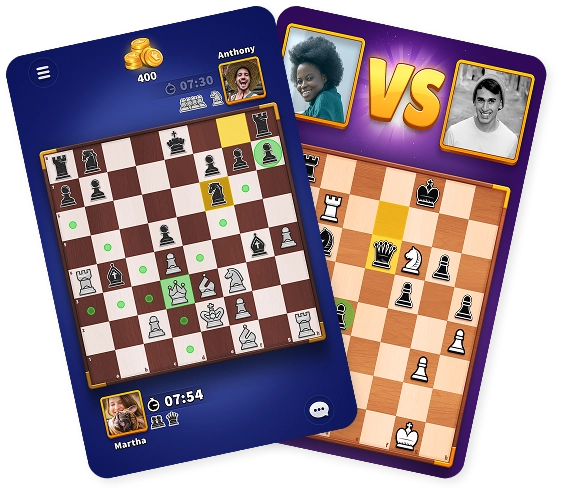 Screenshot uit het spel met een schaakpartij tussen de spelers