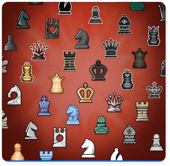 Screenshot uit het spel met verschillende verzamelbare schaakstukken