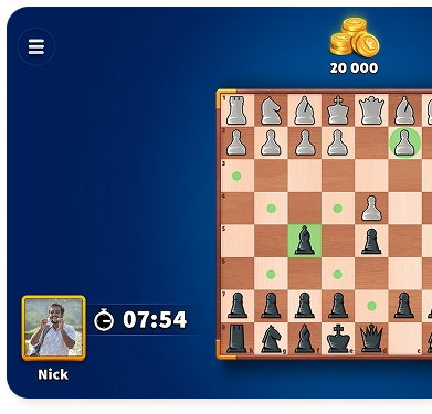 Screenshot uit een spel met een schaakpartij op een virtueel schaakbord