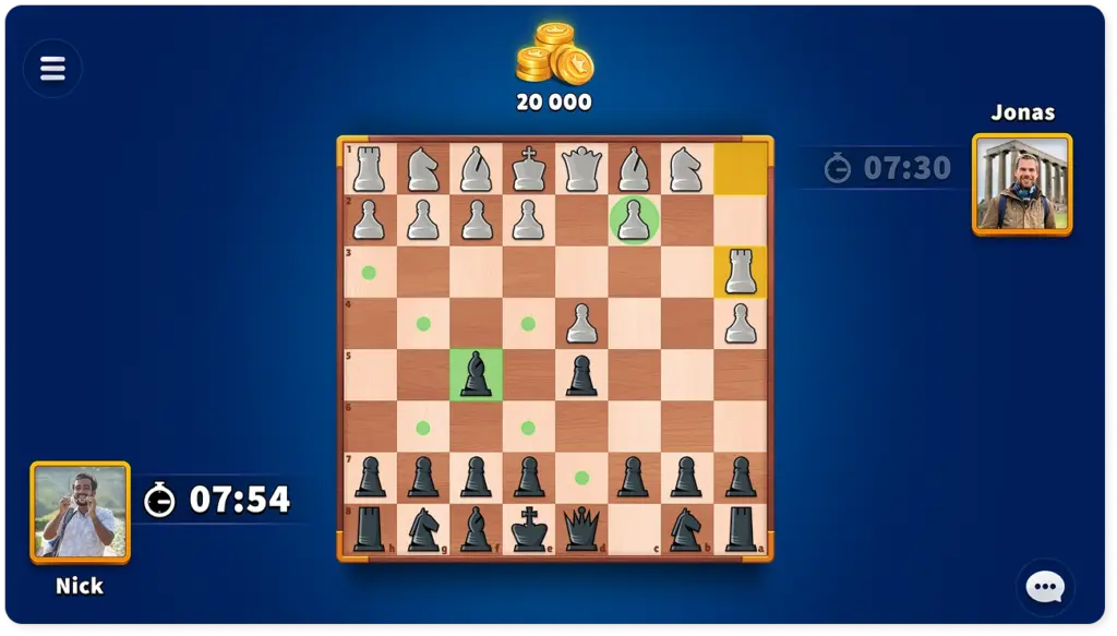 Screenshot uit een spel met een schaakpartij op een virtueel schaakbord