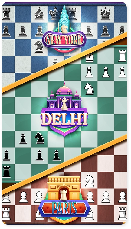 Een screenshot uit het spel met verschillende schaakborden in de stijl van steden