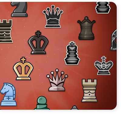 Screenshot uit het spel met verschillende verzamelbare schaakstukken